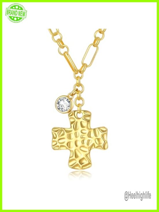 Jewelry - 14K Gold Plated Hammered Cross Pendant Necklace - Diamond Birthstone Charm